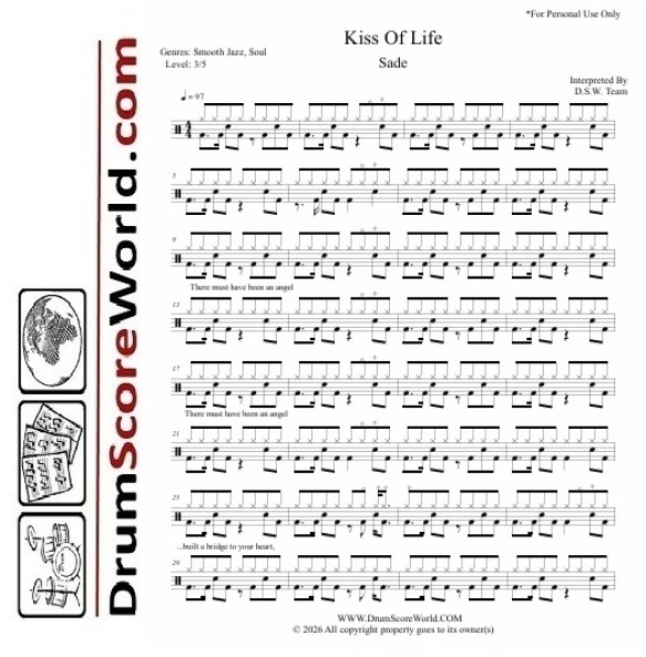 Sade - Kiss Of Life | Drum Sheet + Play-Along Track